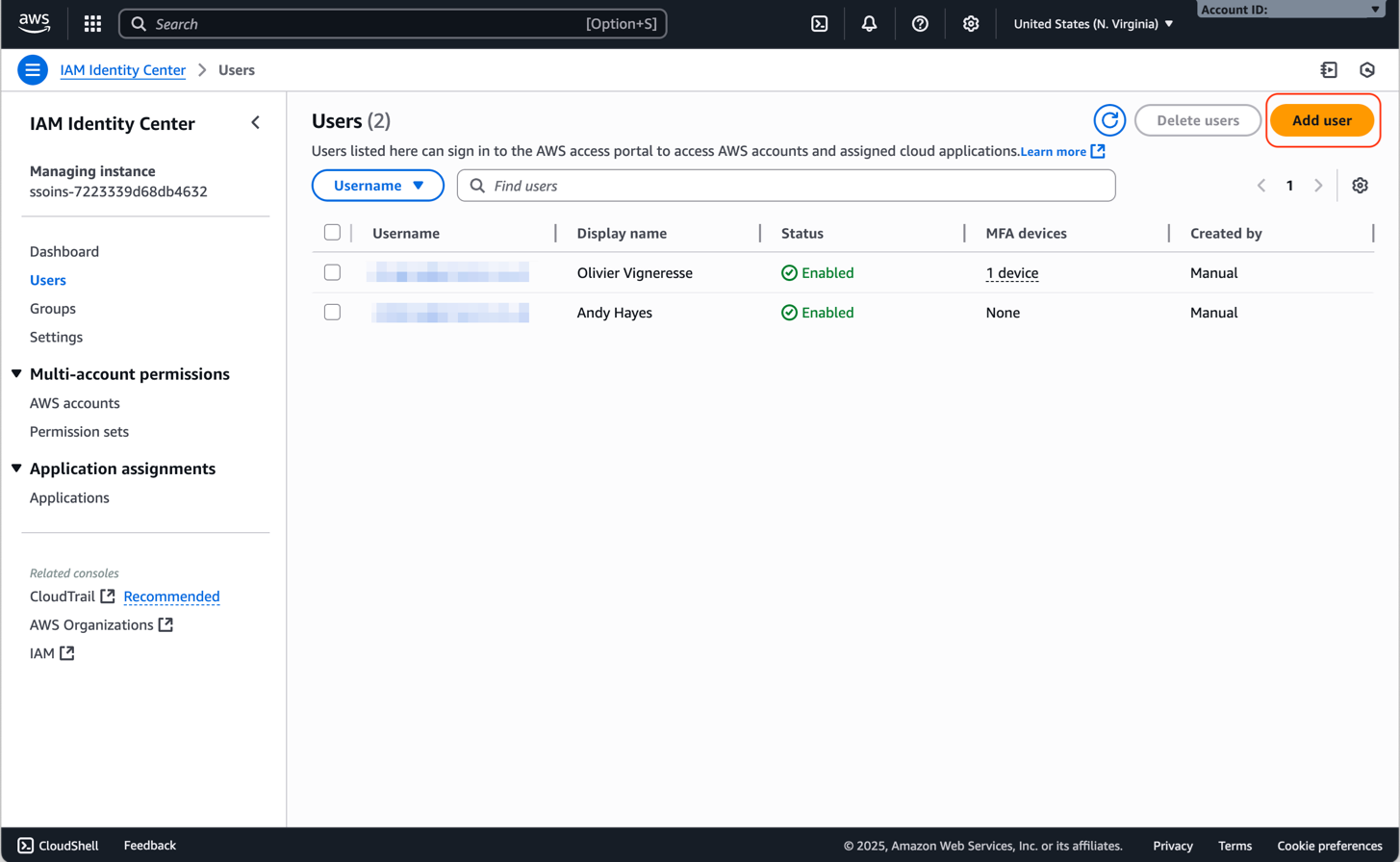 Screenshot of: Viewing and adding users to IAM Identity Center. The console shows two users already established in IAM Identity Center. The ‘add user’ button in the upper right-hand corner of the screen is highlighted to show how to add more users.