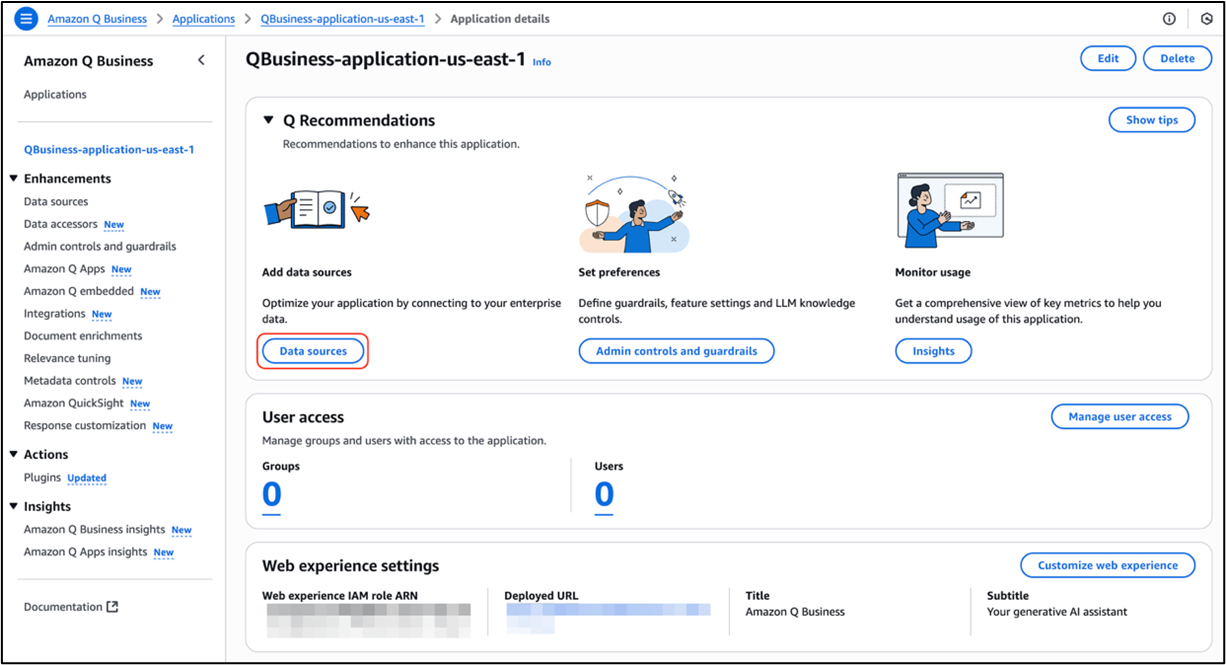 Screenshot of: Building the Q Business Lite application. The creation of an application ‘visual-computing-business-app’ is shown in the top left side menu, with further options to explore the deployed application URL as well as the users that can access it.