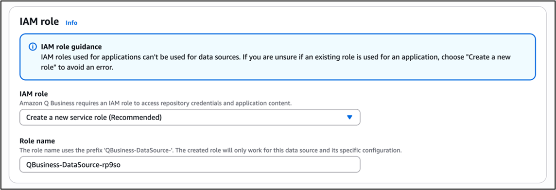 Screenshot of: Selection of an IAM role for the S3 data source of the Application being created. The recommendation is to create a new role specifically for this purpose. Our Role name is: QBusiness-DataSource-rp9so.