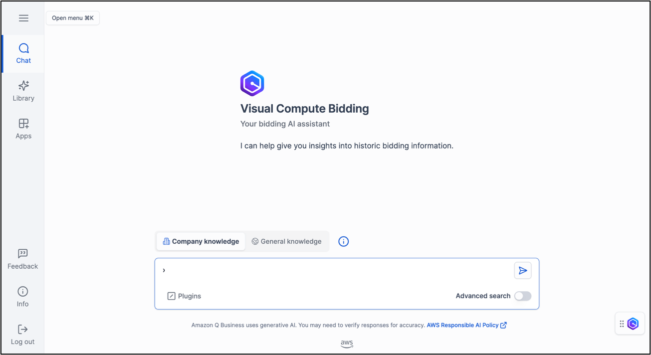 Screenshot of: the Visual Compute Bidding application. The application consists of a main area, with the name ‘Visual Computing Bidding’ prominent, and a prompt entry box underneath. To the left side there are a menu with a variety of links (such as Chat, Library, Apps, Feedback, Info and Log out).