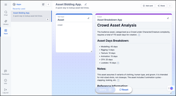 Screenshot of the output of the Asset Bidding App in Amazon Q Business show the analysis for a Crowd asset with a total estimate of 110 days required for its creation, broken down in various steps like modelling, rigging, ad so on.
