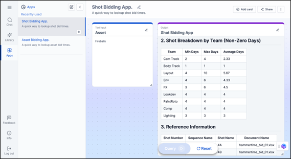 Screenshot of: Shot breakdown by team. This shows the user has entered a ‘Fireballs’ assets and in the main area, on the right-hand side, the app has broken down the analysis of different departments in regards to those assets. For example, The Cam Track team will require a minimum of two days, maximum of four days and averages 2.33 days. At the bottom left, reference information is provided as the document names from which shot information was retrieved.