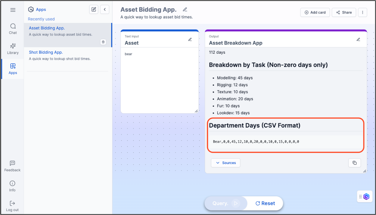 Screenshot of: Example of data presentation in alternate formats. The highlighted section shows an additional step in the output field describing the departments days in a comma delimited string, suitable for ingestion into a third-party spreadsheet.