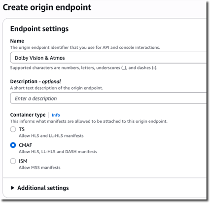 Origin endpoint creation with CMAF selected.