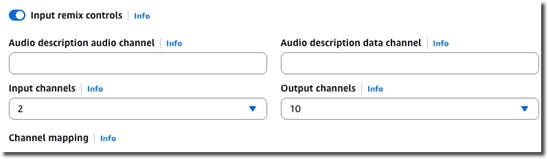Audio input remix controls showing input channels of 2 and output channels of 10.