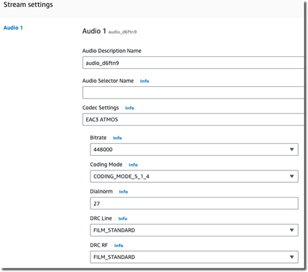 Audio Dolby Atmos configuration with the Codec Setting as EAC3 ATMOS, the bitrate as 448000, Coding Mode as CODING_MODE_5_1_4, Dialnorm of 27, DRC Line of FILM_STANDARD and DRC RF also of FILM_STANDARD.