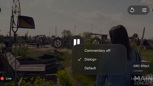MPEG-H Audio on-screen display on iOS mobile player for audio object selection and user personalization. This image shows the options to turn on or off the commentary