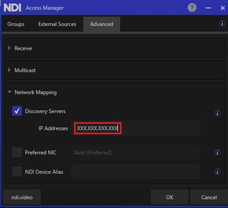 Configure Discovery Server IP address using NDI Tool’s Access Manager user interface. The Advanced tab is selected. Under Network Mapping, Discovery Servers is selected and the IP Addresses XXX.XXX.XXX.XXX is highlighted in a red box.