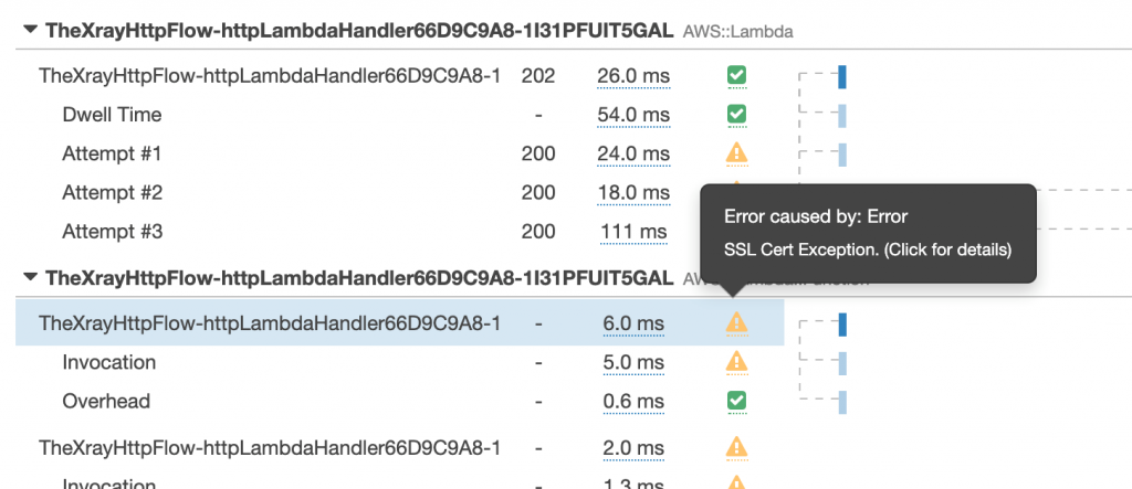 Trace details showing the specific error