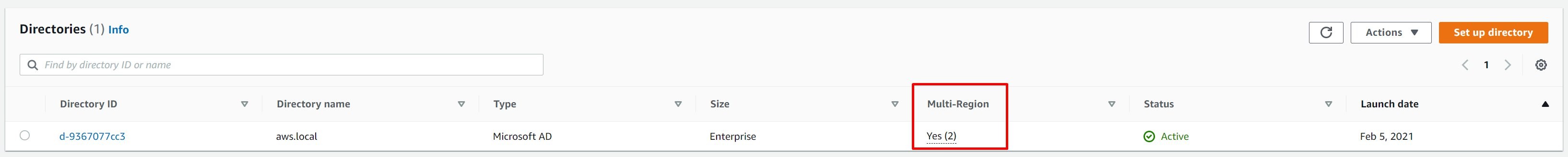 A list of AWS Managed Microsoft AD Directories, specifically highlighting which one has Multi-Region enabled