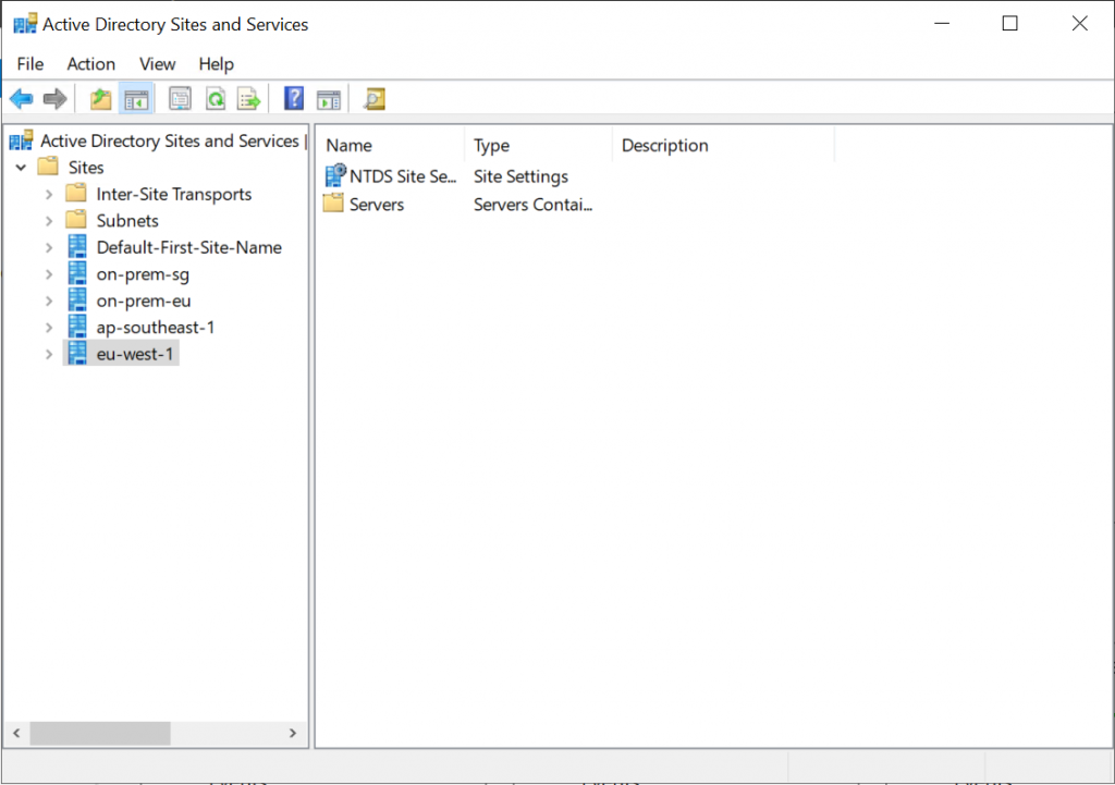 Active Directory Sites and Services displays the Active Directory Domain Controllers in each Region.