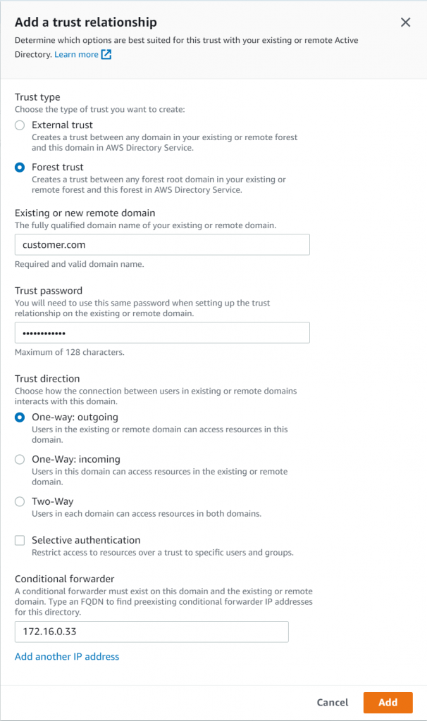 Adding a trust relationship by selecting Forest trust, entering the existing customer.com domain along with the trust password and conditional forwarder