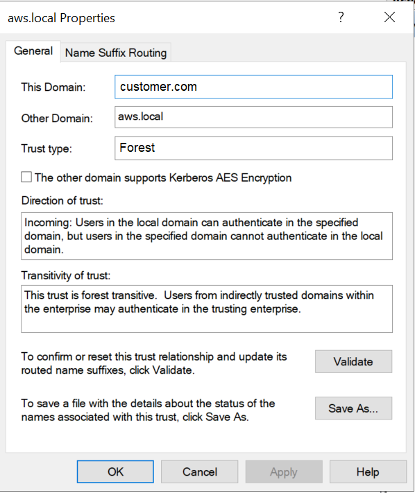 Creating an incoming forest trust between the customer.com domain and aws.local domain