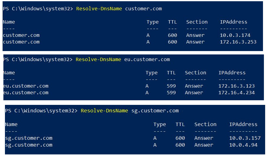 Resolution of DNS query in Powershell for the customer.com domain