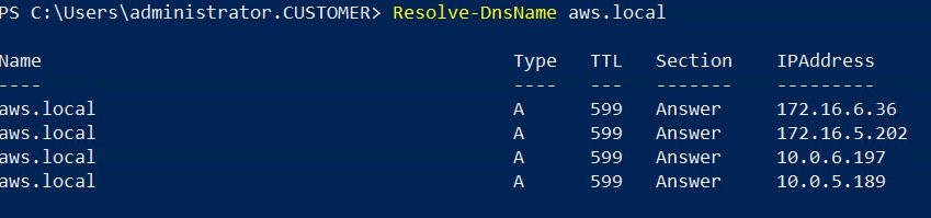 Resolution of DNS query in Powershell for AWS Managed Microsoft AD aws.local domain