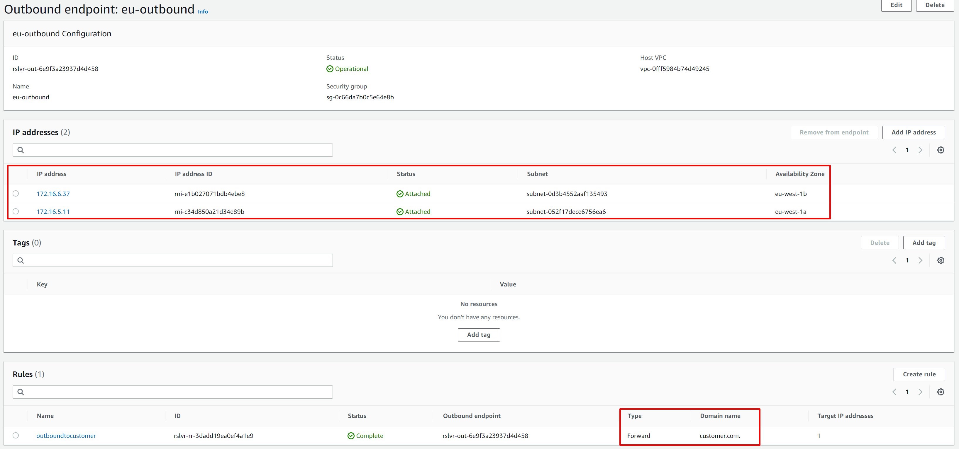 outbound endpoint displaying the two Elastic Network Interface IP Addresses and the conditional forwarding rule