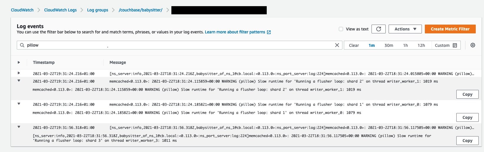 Figure 10 - showing node babysitter service logs in CloudWatch Logs browsed from AWS Console. The above example for how running the load test affects flushing.