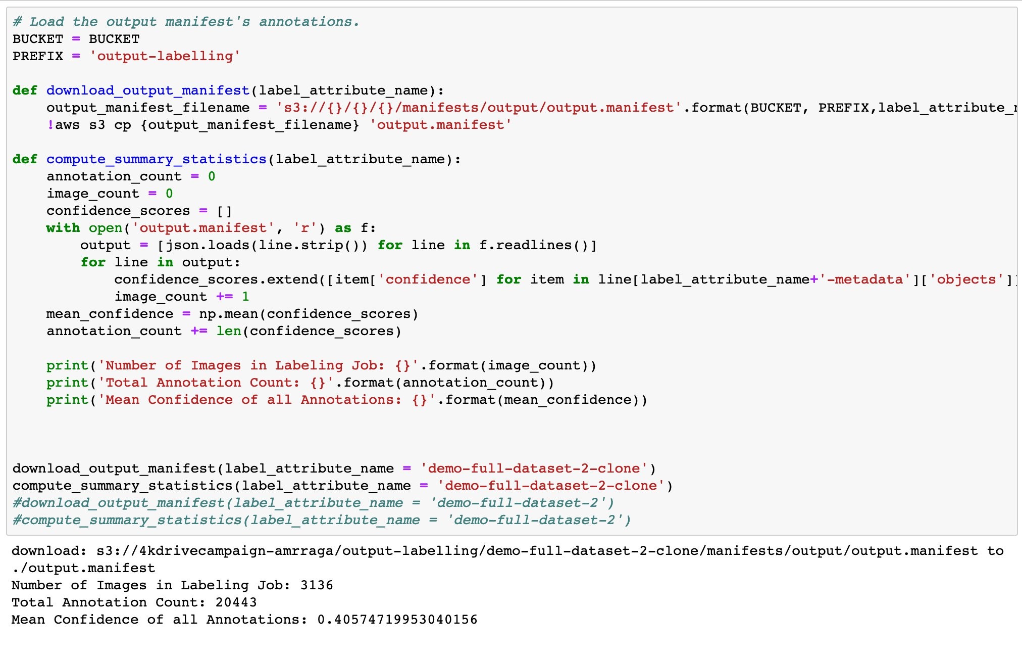 Code to calculate the number of annotations and the mean confidence score for two jobs. 