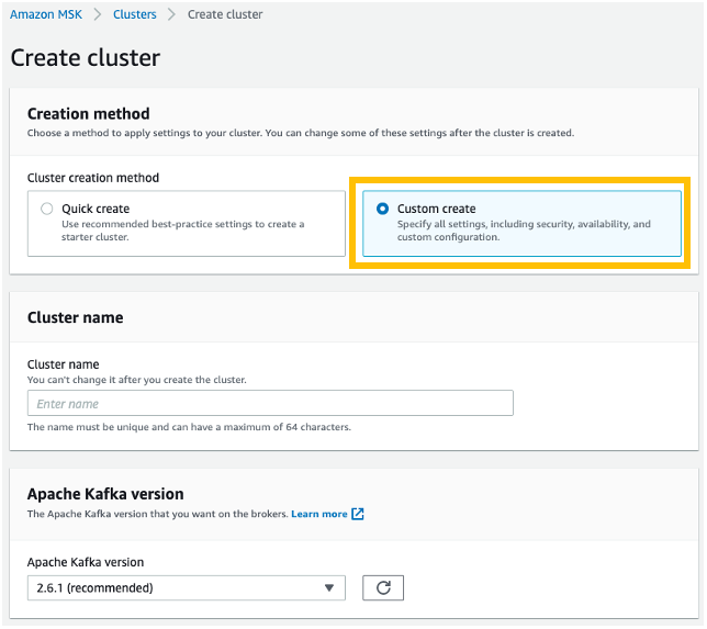 Figure 2 - Screenshot showing how to create an MSK cluster. 