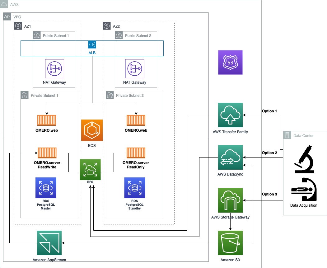 Figure 1. Architectural diagram for a highly available (HA) deployment of OMERO on AWS including data ingestion options