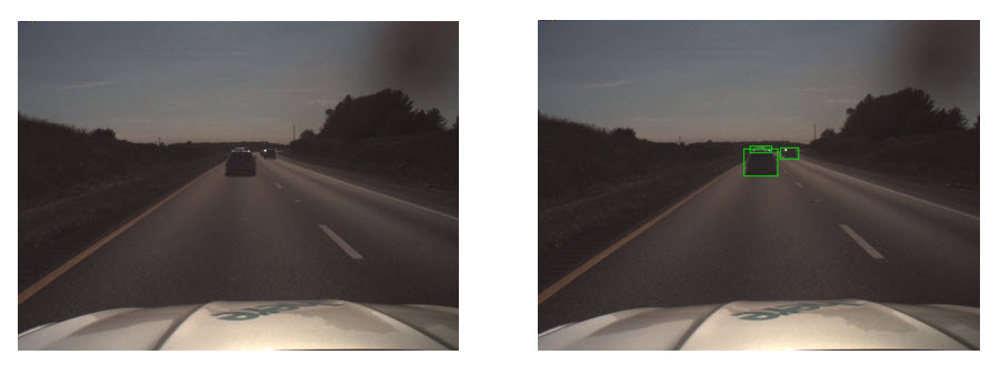 Left: Image extracted from ROS bag camera feed topic. Right: Same image with highlighted objects that Amazon Rekognition detected.