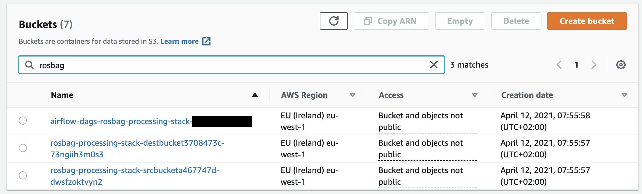 Figure 4 - Screenshot showing S3 buckets created