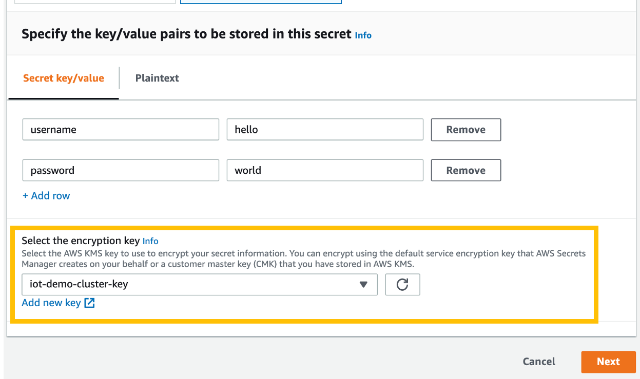 Figure 7 - Specify the key value pais to be stored in this secret