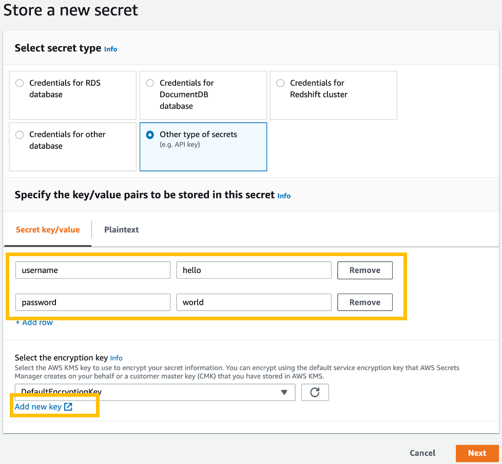 Figure 5 - Screenshot showing how to store a new secret