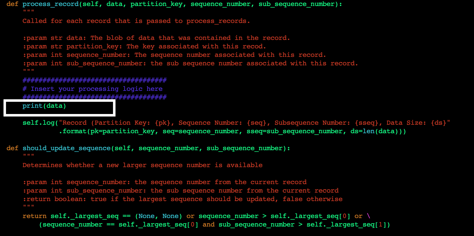 Figure 5. Add custom code to process_record method