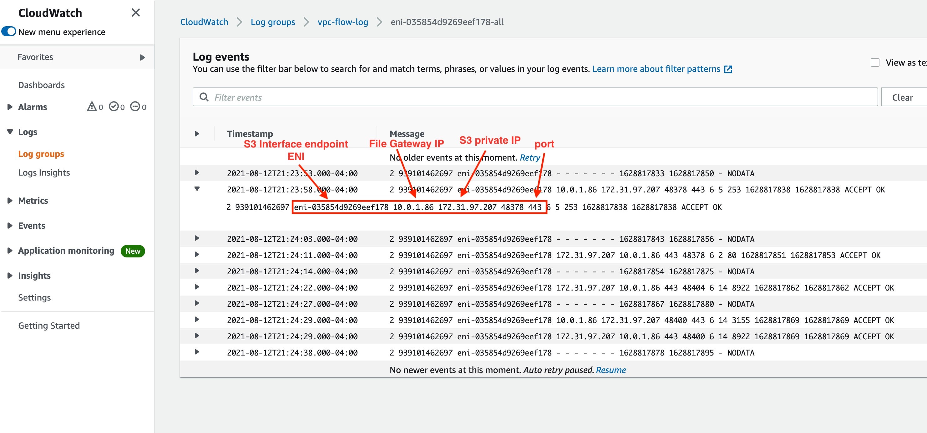 Figure 6. VPC Flow Log entry to verify connectivity using Private IPs