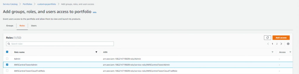 Figure 6. AWS Service Catalog portfolio role selection