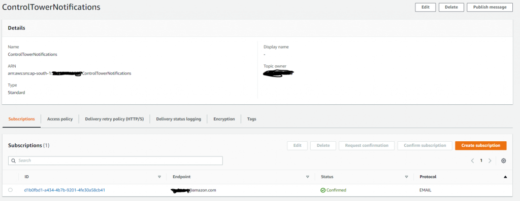 Figure 9. Amazon SNS topic creation and subscription