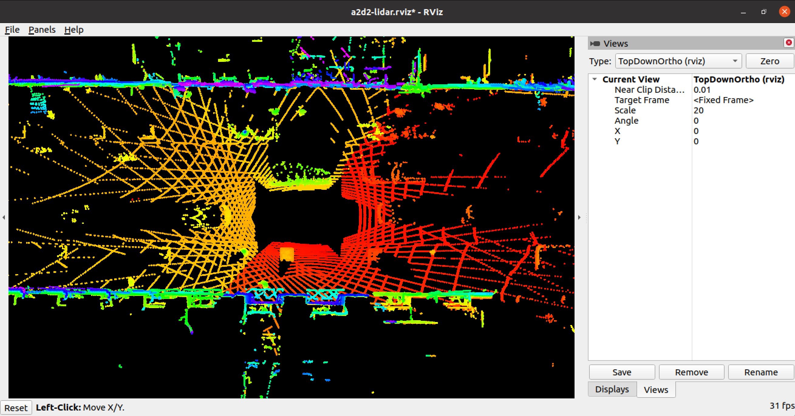 Figure 3. Top-down rviz visualization of point-cloud data transformed to ego vehicle view