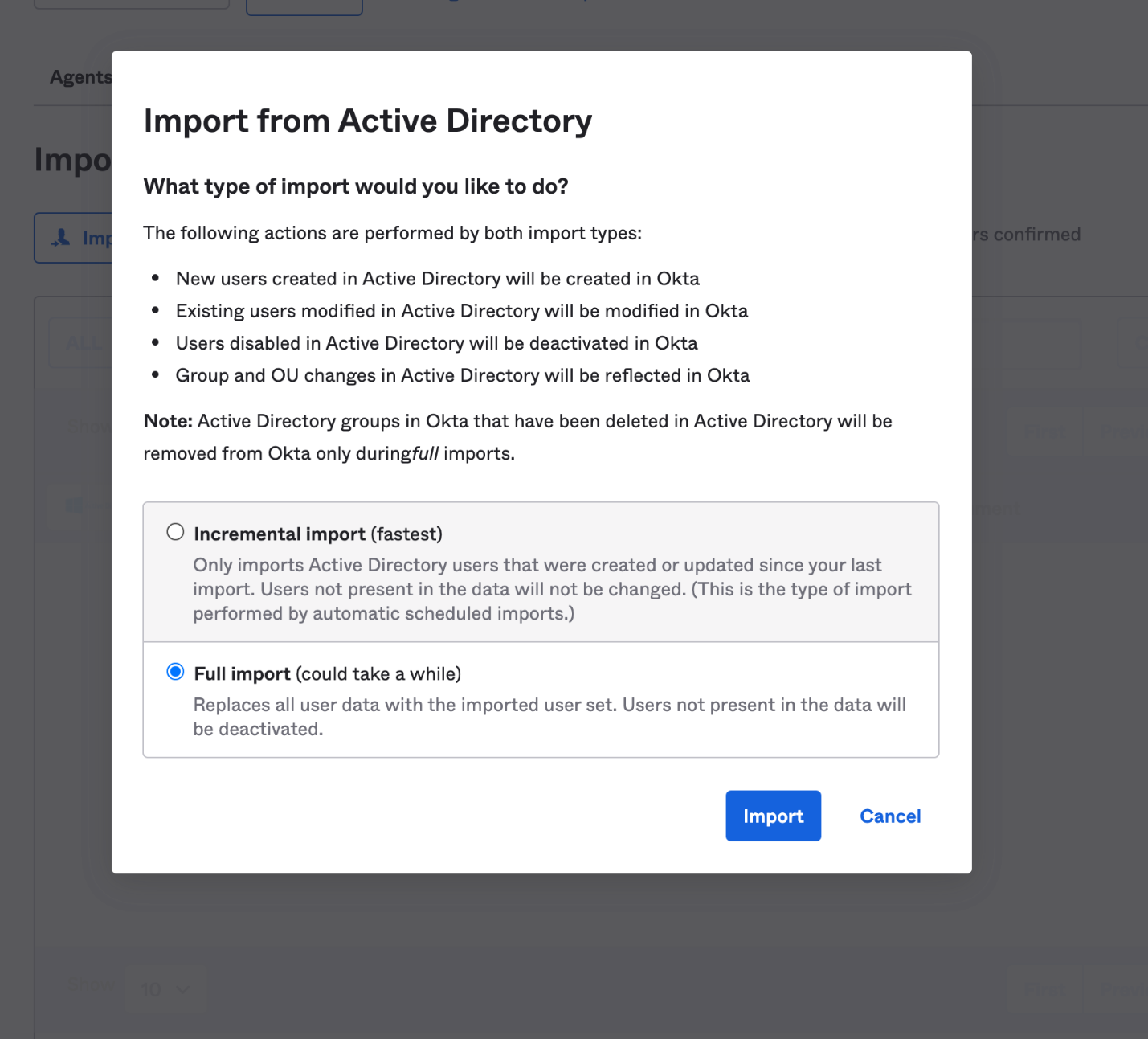 Figure 2. Import users under Okta admin console