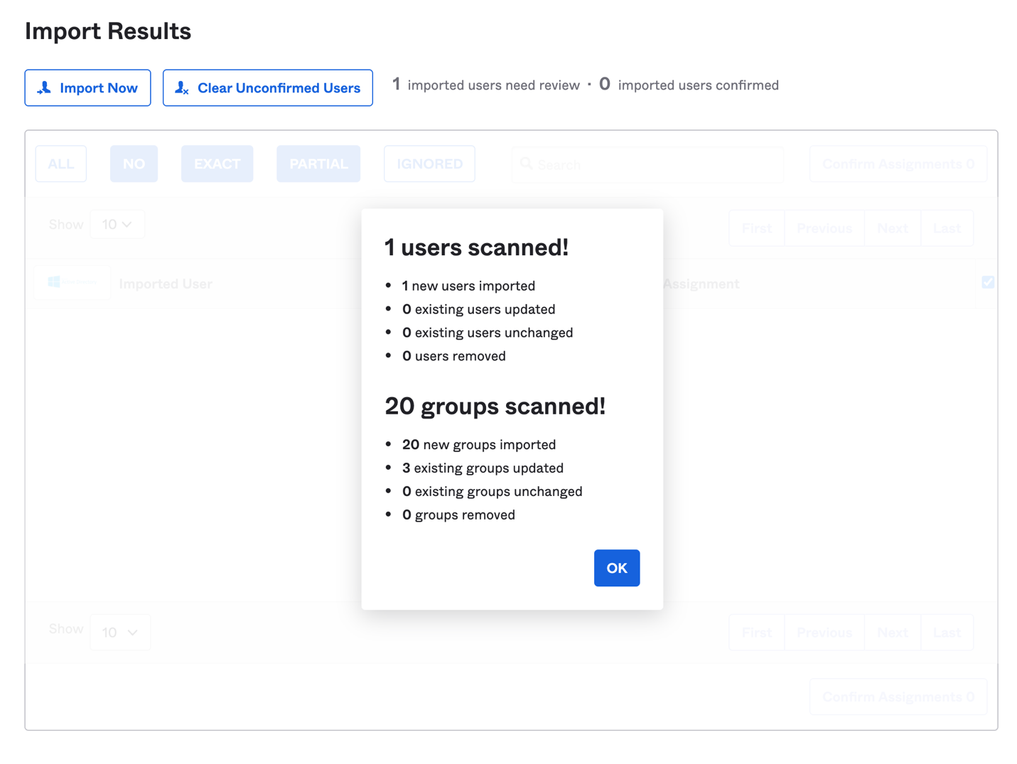 Figure 3. Import users results under Okta admin console