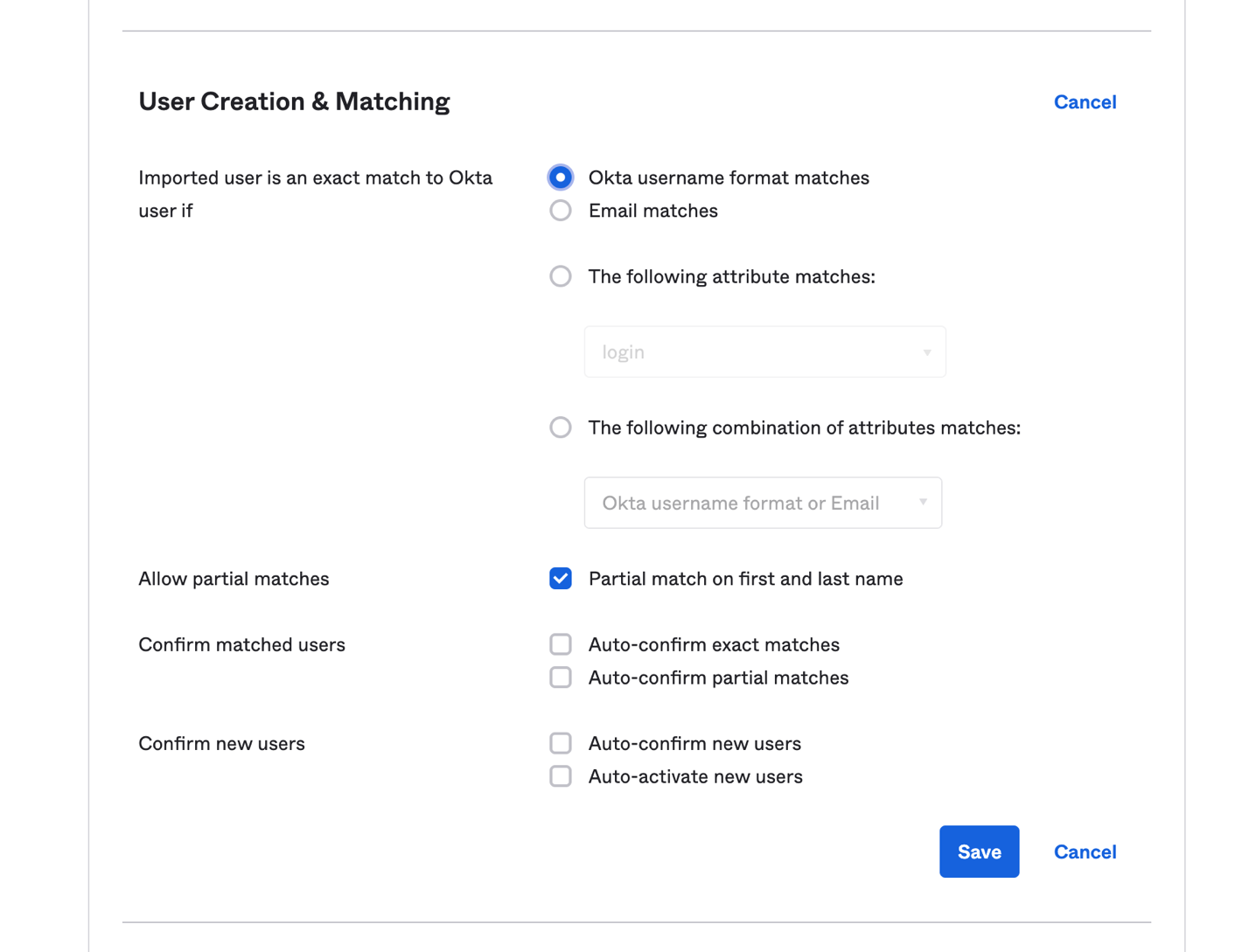 Figure 4. User creation and matching under Okta admin console