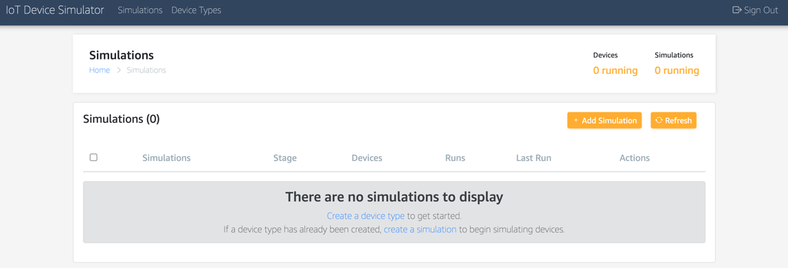 Figure 1. The landing page UI enables you to create devices and simulation