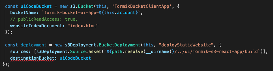 Figure 5. CDK stack code that creates a new S3 bucket for hosting the React webpage