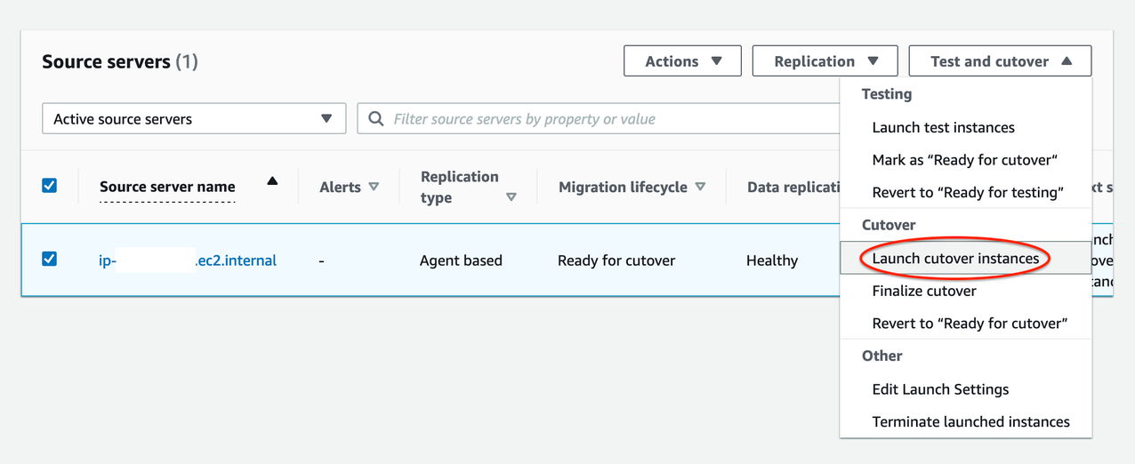 Figure 8. Performing final Cutover by launching Cutover instances