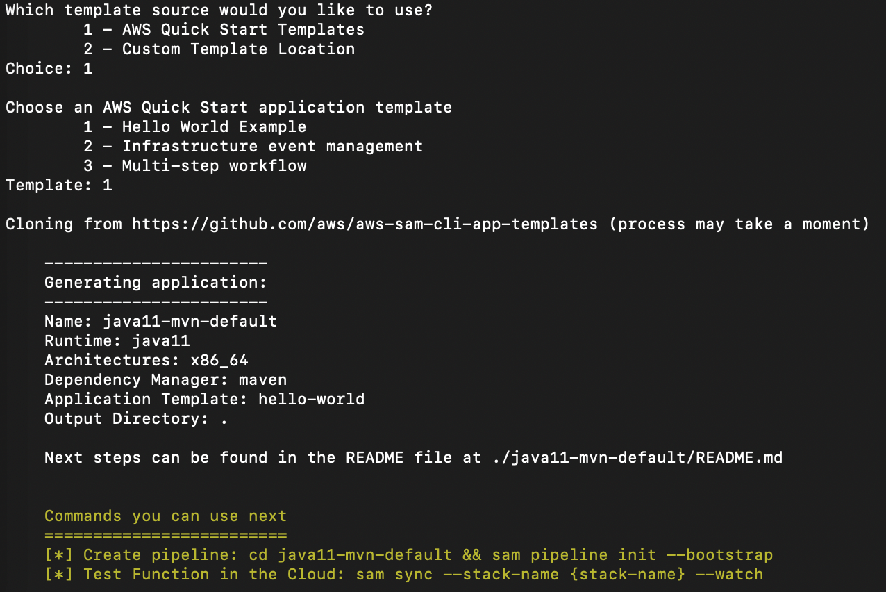 AWS SAM input fields to select the programming language, the build artifact, the project name and the dependency tool for our sample.