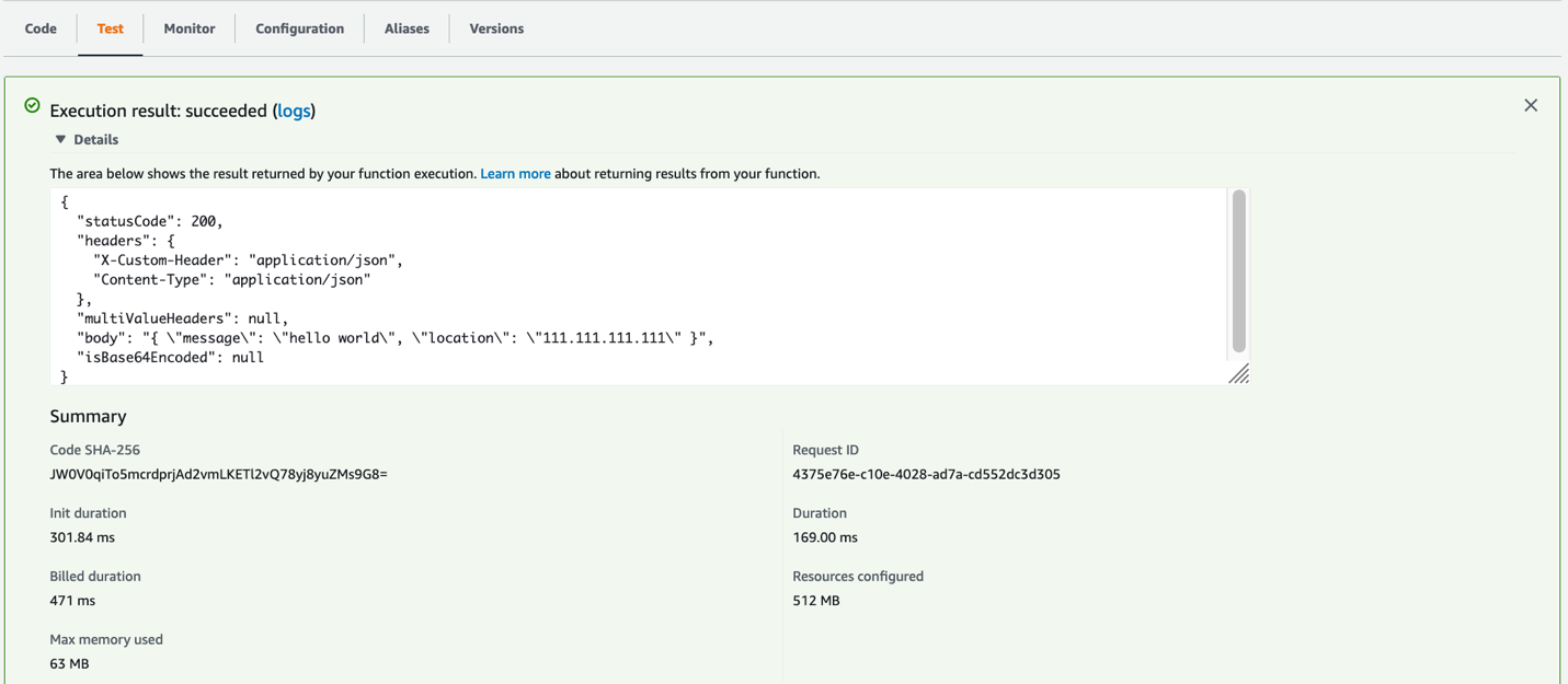 Test Quarkus execution result succeeded showing the response body returning the IP address.