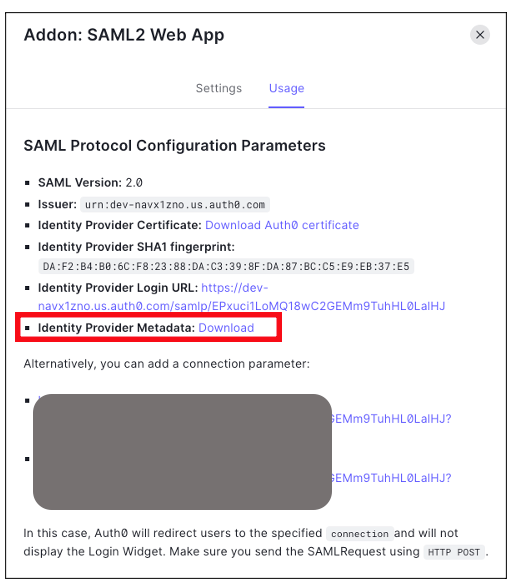 The diagram depicts the downloading of Auth0 identity provider meta data for SAML configuration