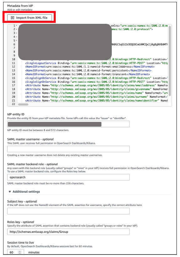 The diagram depicts the configuration of Amazon OpenSearch SAML parameters