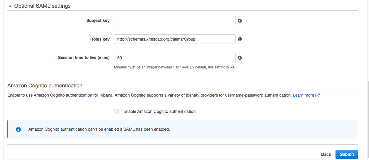 The diagram depicts the configuration of Amazon OpenSearch optional SAML parameters