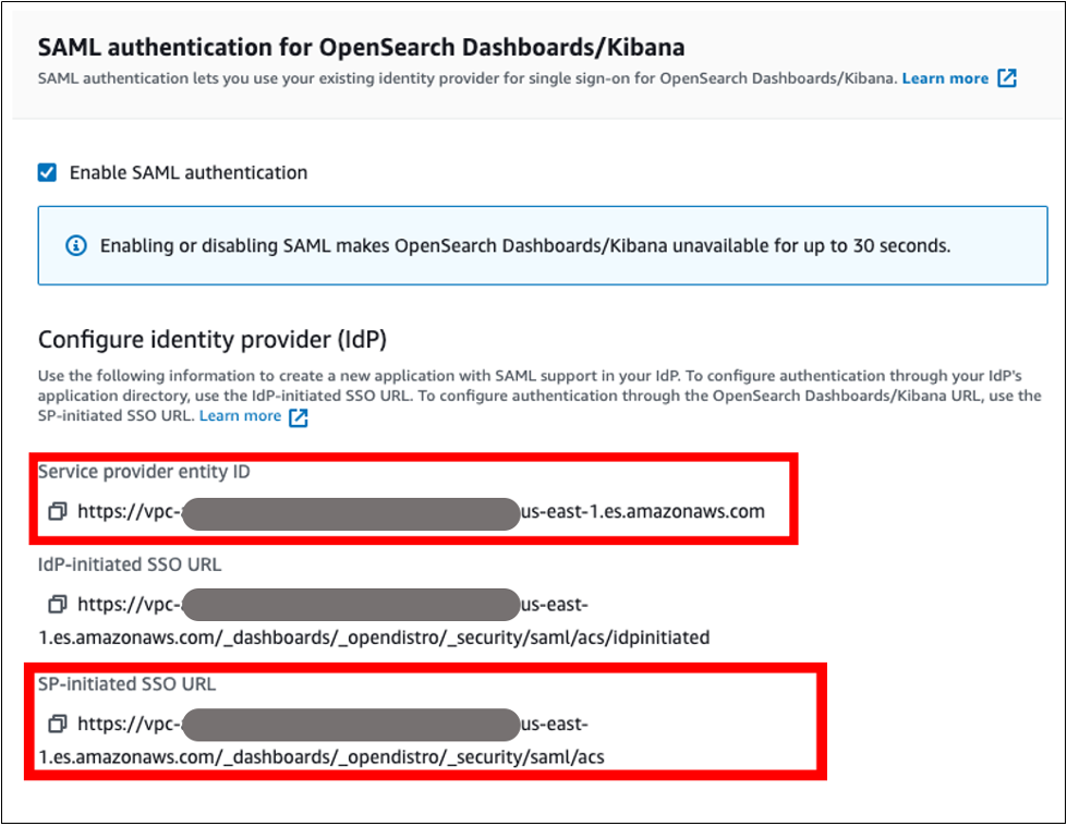 The diagram depicts the Amazon OpenSearch URLs for SAML configuration