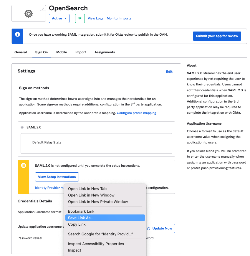 SAML configuration in Okta