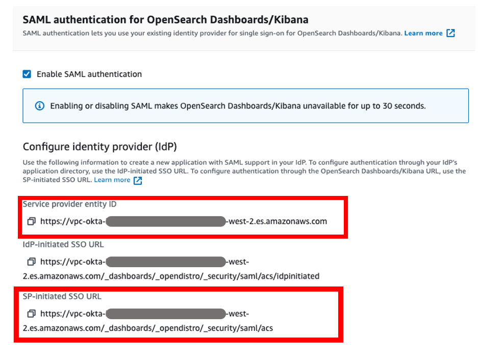 Amazon OpenSearch Service URLs for SAML configuration