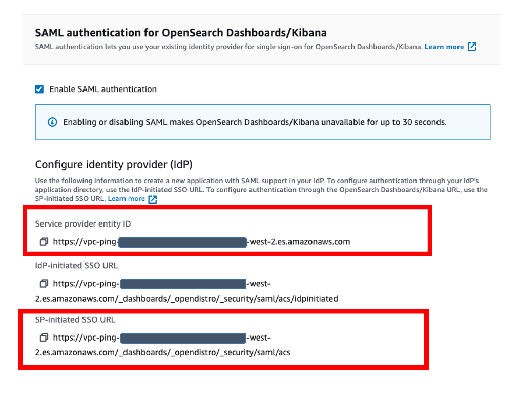 Amazon OpenSearch Service URLs for SAML configuration