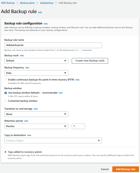 Configure backup rule using AWS Backup