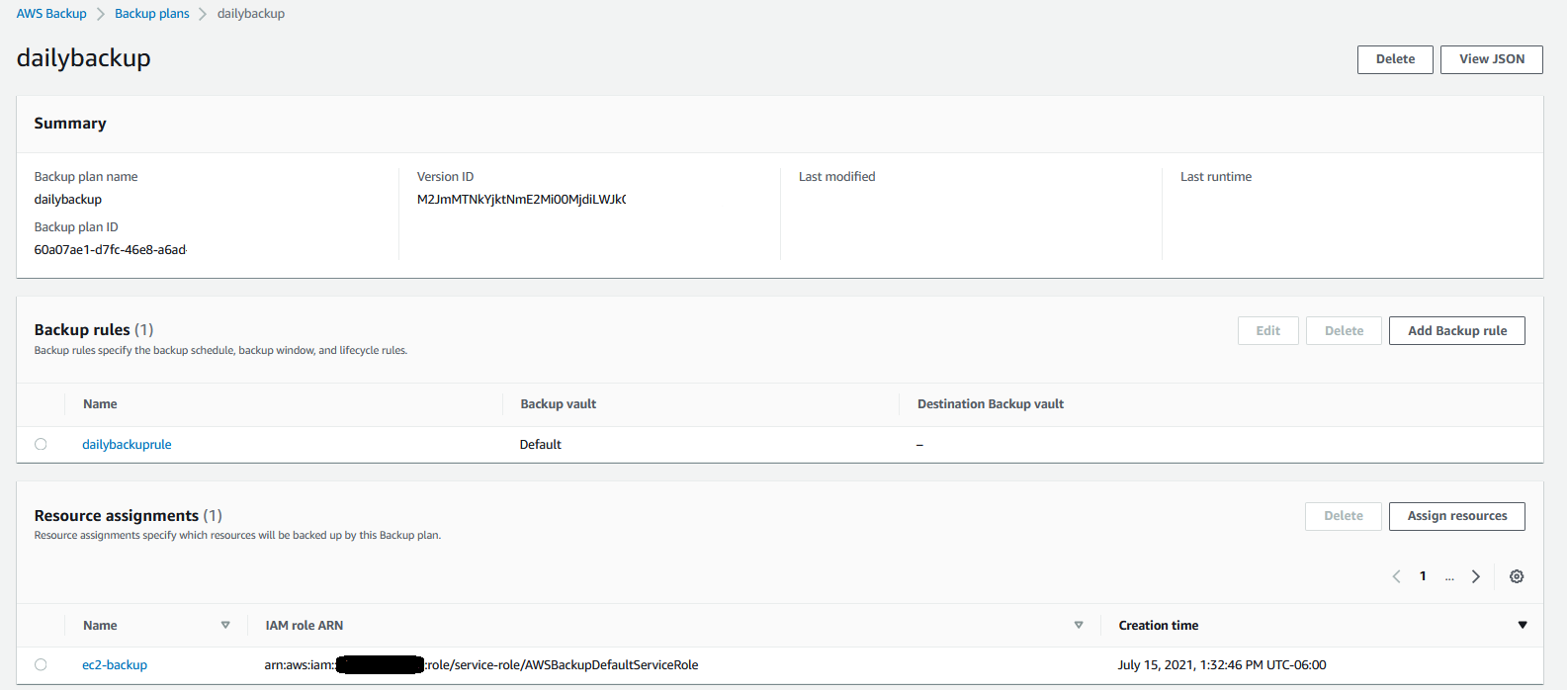 Summary screen showing the backup rule and resources managed by AWS Backup